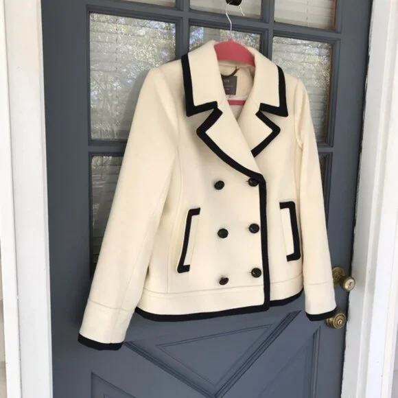 J. Crew Nello Gori Cream Black Double Breasted Wool Peacoat Jacket Blazer Size 8 - Picture 5 of 9